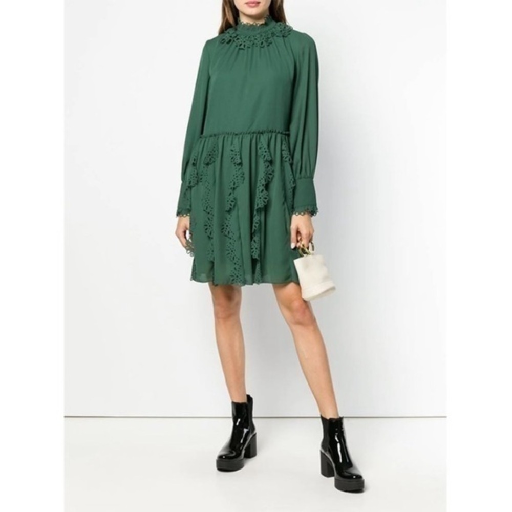 ✅ NWT See by Chloe Dress Laser Trim Cut Mini Mock Neck in Deep Green Marble